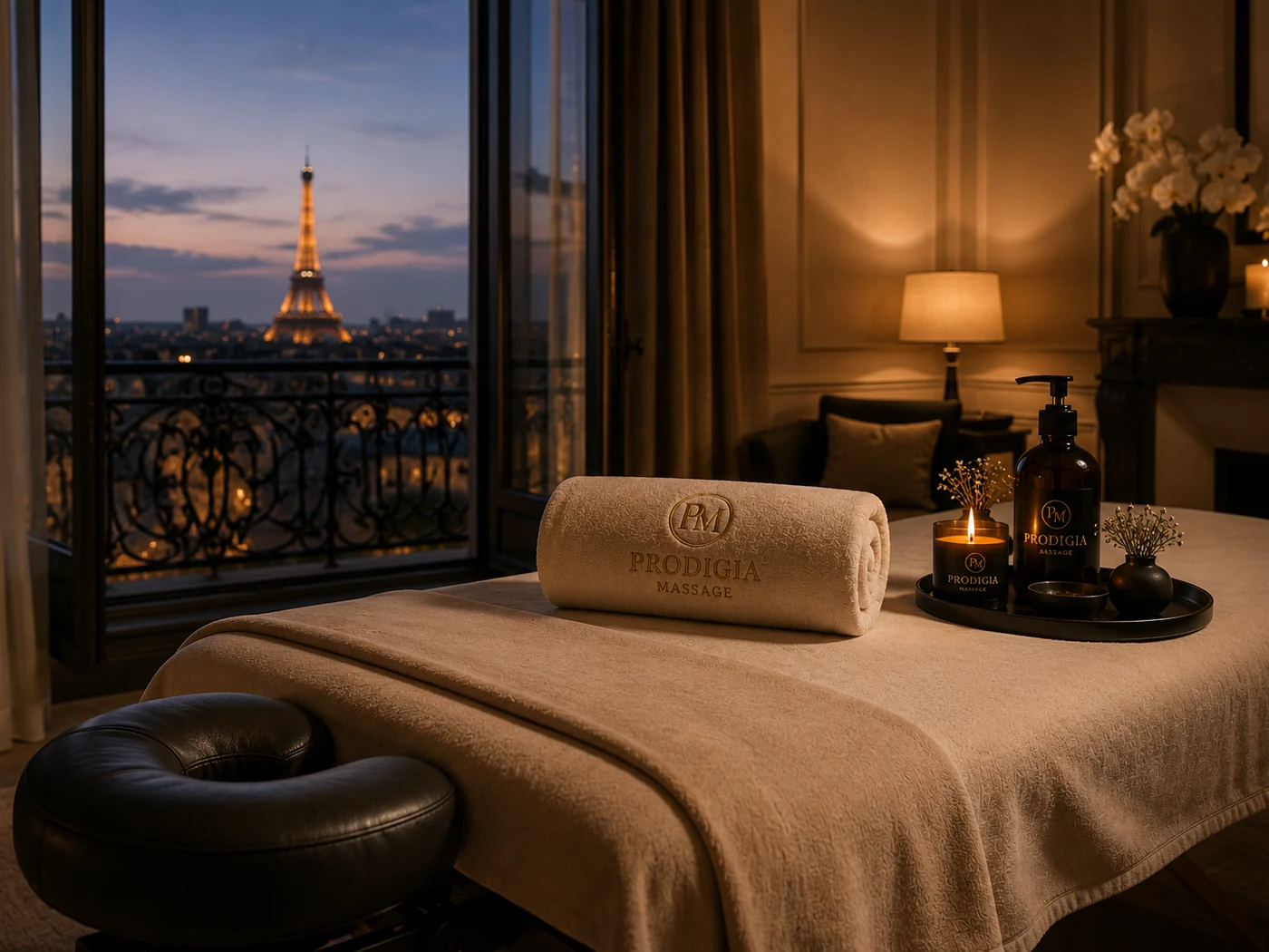 Installation professionnelle Prodigia avec table de massage préparée dans un intérieur haut de gamme à Paris