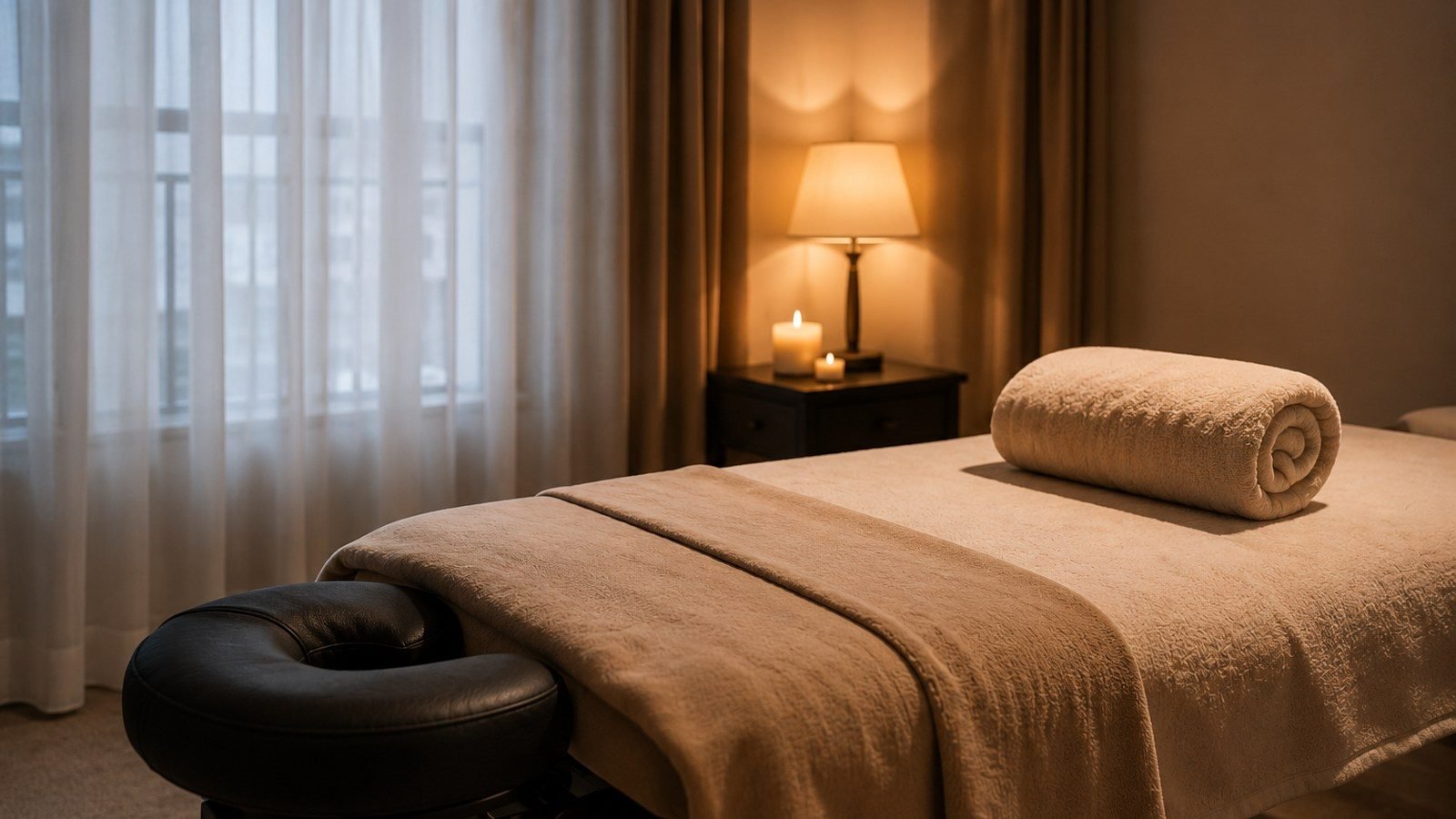Table de massage haut de gamme préparée dans un hôtel parisien avec lumière chaleureuse