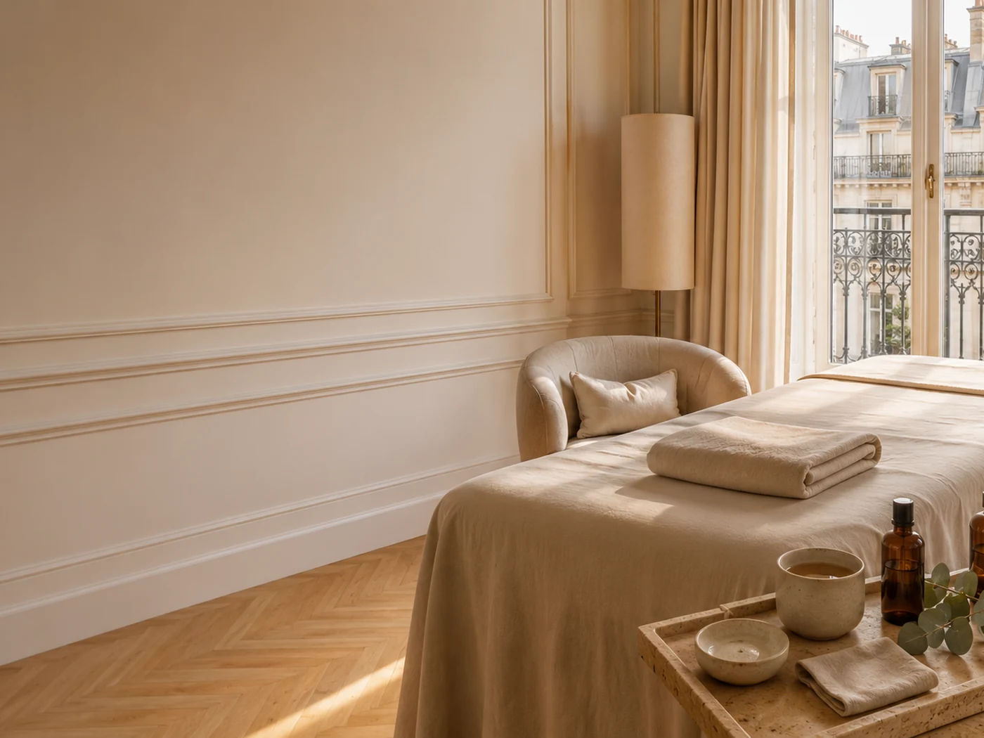 Table de massage installée dans un appartement parisien élégant