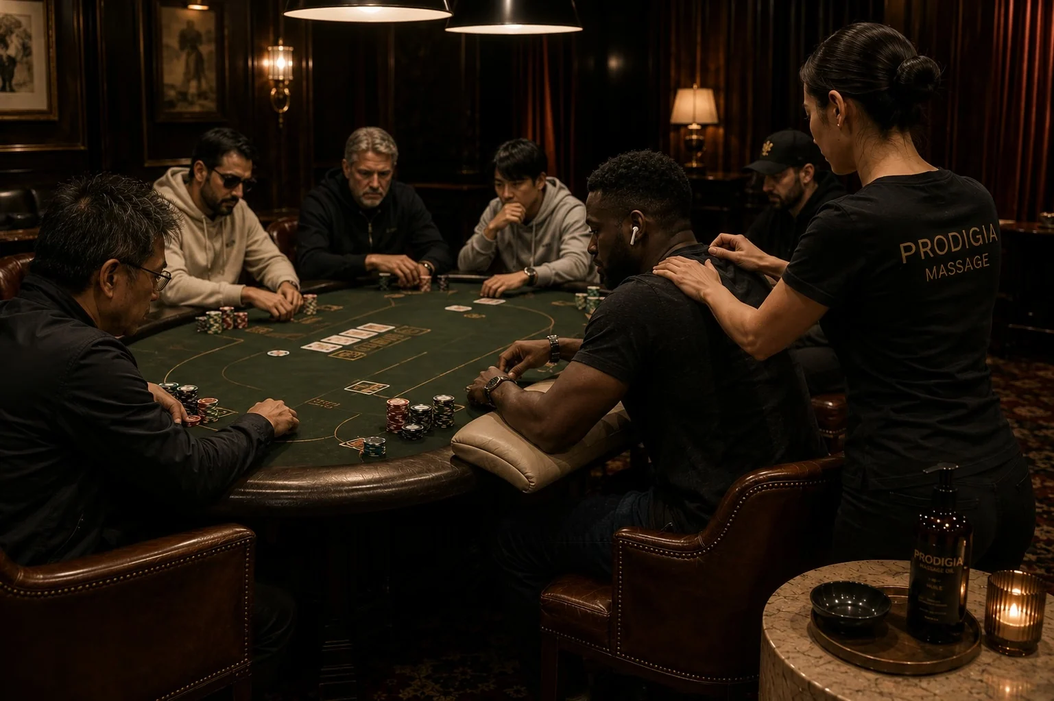 Discreet seated massage during a premium poker tournament